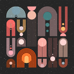 Mid century arch, circle elements, modern geometric shapes with grunge texture. Contemporary design, minimalist art. Trendy design elements for wall decor, posters, books, covers. Vector illustration