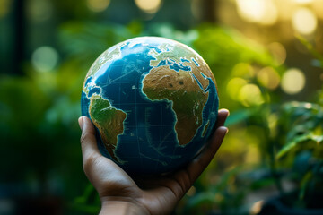 Hand holds Earth globe with continents against forest background