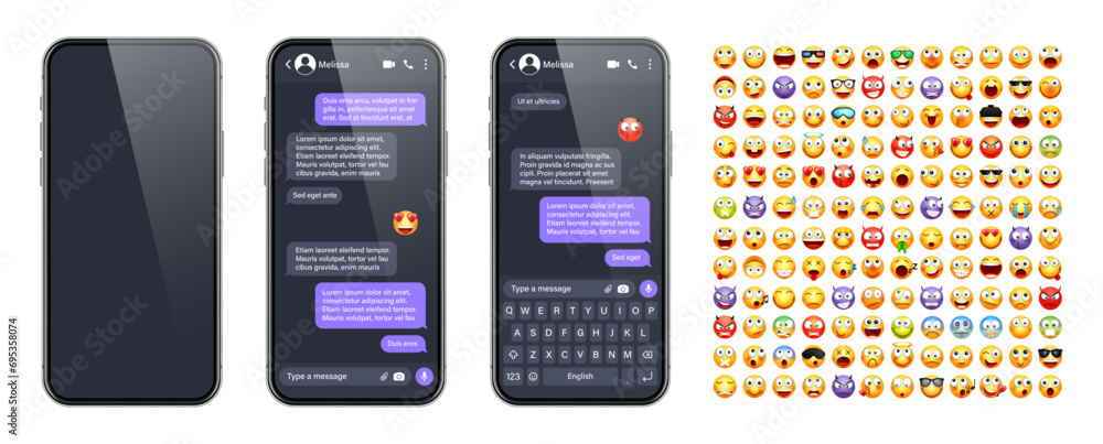 Poster smartphone messaging app, user interface with emoji. sms text frame. chat screen, violet message bub
