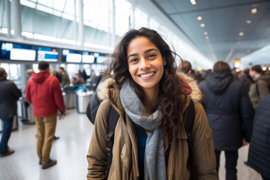 Portrait of a grinning indian woman in her 20s showing off a thermal merino wool top against a busy airport terminal. AI Generation