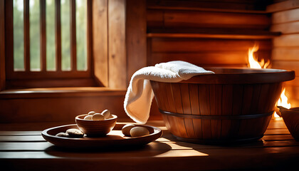 A wooden bucket, spoon, and towel create a serene scene inside a sauna, inviting relaxation through cleansing rituals and maintaining comfort