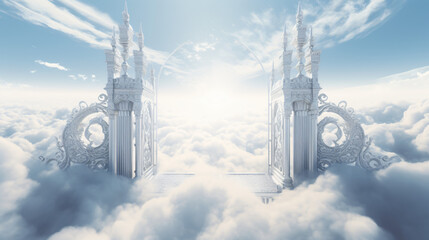 Shot of the Pearly Gates above the clouds. Generative