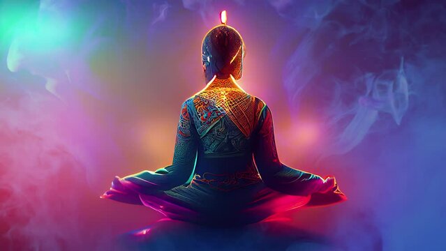 Serene yoga meditation pose with vibrant aura and sound healing therapy,A tranquil essence for mental health, stress relief, and inner peace. generative AI     