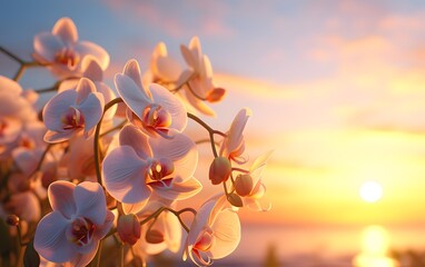 Beautiful and elegant blooming orchid at golden hour