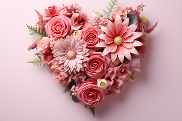 Heart-shaped Valentine's Day flower arrangement on a pastel pink background,