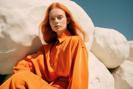 Generative AI image of woman in orange attire against blue sky