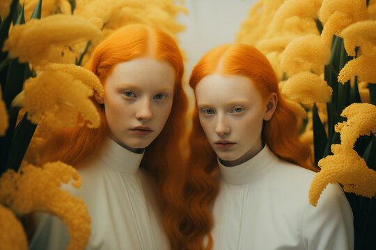 Generative AI image of twins with fiery red hair among flowers