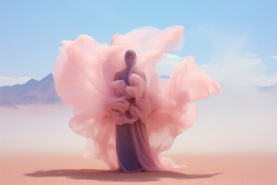 Generative AI image of surreal desert figure in flowing fabrics