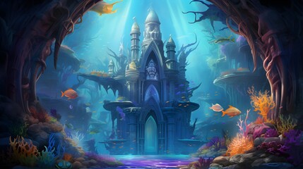Fantasy illustration of a fantasy underwater world with fishes and a castle