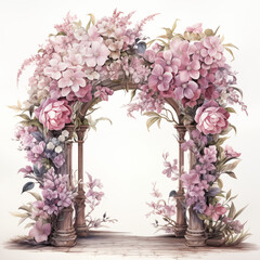 Watercolor garden arch with pink flowers. Illustration for wedding postcard, greetings card or invitation. 