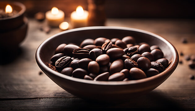 the bowl sits on a rustic wooden table, one filled with brown cocoa powder and chocolate beans scattered around, creating an inviting atmosphere for enjoying a warm drink