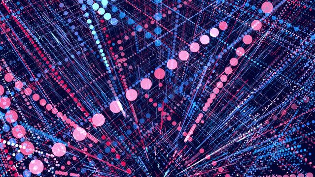 glow particles form lines. Info concept lines and nodes, ai construction light grid. Lines form red blue hologram information blocks. Vj loop abstract sci-fi bg. Hi-tech info technology.