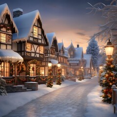Fototapeta na wymiar Winter city street with houses and Christmas trees in the evening. 3d rendering