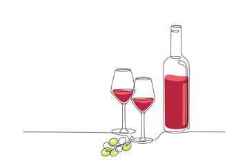 Bottle of wine with glasses, bottle and grape continuous one line drawing. Single line drawing of bottle with alcohol, wineglass, glassware, fruit and color shapes. Line art style for restaurant menu