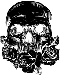 vector black silhouette of Vintage human skull tattoo concept with rose flowers isolated vector illustration