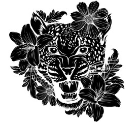 vector black silhouette of leopard head with flower