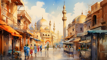 Captivating Watercolor of Cairo, Egypt. Exploring Vibrant Urban Life in Metropolitan Hub, Artistic Rendering of City Street, Cultural Diversity and Energetic Cityscape.