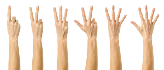 Counting gestures. Multiple images set of female caucasian hand with french manicure counting from...