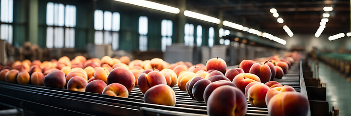 Ripe juicy peaches are neatly arranged and transported along a covered conveyor belt in a factory, showcasing the efficient process of handling fresh fruit.