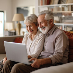 Fototapeta na wymiar Senior couple using laptop for on line shopping at home