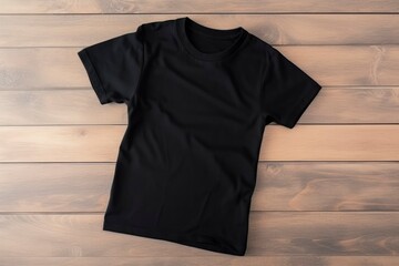 Black t shirt on a wooden background. Template, mockup, flat lay. Kid, child clothes. Kids fashion