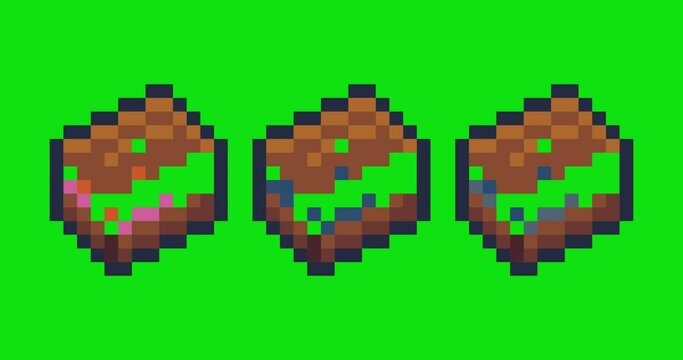 Green screen of cake food , cake icon bits pixel slowly appeared and dissappeared. Simple animation from pixel dots form sets of cake icon . Usefull for game asset or design asset animate.