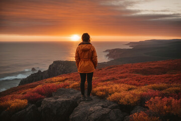 Fototapeta premium Sporty fit young diverse woman athlete running on a mountain trek with sun in the background