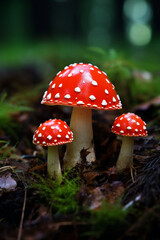 Obraz premium Fly agaric or fly-amanita mushrooms fungi with dark blur background and grass on surface created with Generative Ai