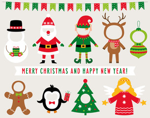 Christmas vector face in hole party props (Snowman, Santa, Elf, Angel, Deer, Penguin, Gingerbread Cookie)