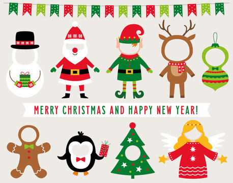 Christmas vector face in hole party props (Snowman, Santa, Elf, Angel, Deer, Penguin, Gingerbread Cookie)