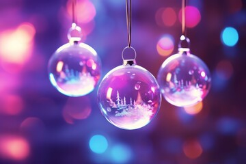 3D rendering of glass Christmas baubles against a purple background. Bokeh neon pink and blue lights