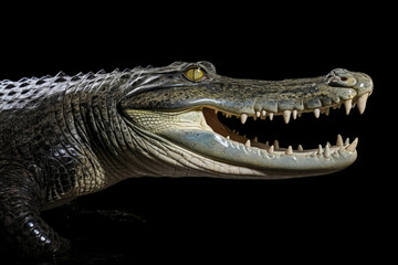 A gharial, a long-snouted crocodile with a narrow muzzle on black background