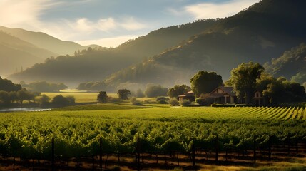 Panoramic view of vineyard in the early morning light.