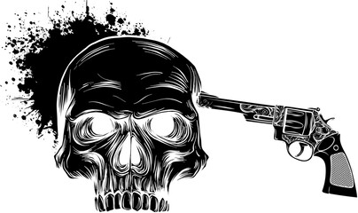 black silhouette of skull with revolvers for tattoo design. - 695363004