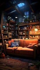 Obraz na płótnie Canvas Interior of a cozy living room with a brown sofa and bookshelves