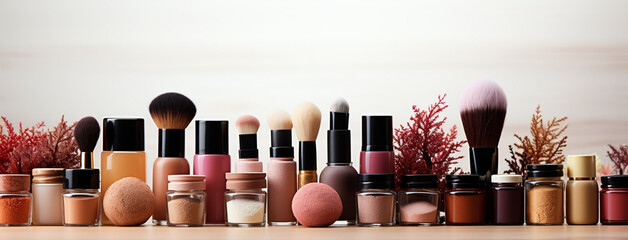 Wide panoramic cosmetics background with different makeup items and brushes  - Powered by Adobe