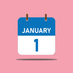 January 01 – Calendar Icon. Calendar icon with shadow. Flat style. Date, day and month. Reminder, Vector Illustration. Organizer application, app symbol. 