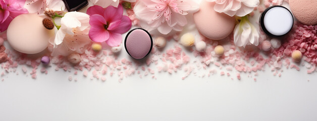 Wide panoramic pinkish cosmetics background banner with various makeup powders, colorful stones  and flowers on white background  - obrazy, fototapety, plakaty