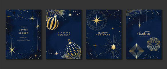Elegant christmas invitation card art deco design vector. Luxury christmas ball, foliage, twinkling line and spot texture on dark blue background. Design illustration for cover, poster, wallpaper.