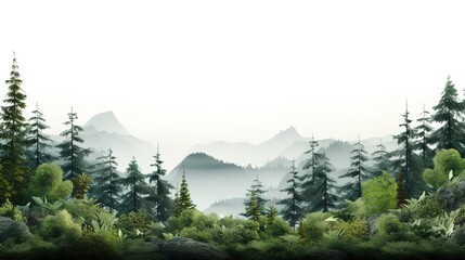 Misty mountains with fir forest in fog. Foggy trees in morning light. White Background Concept