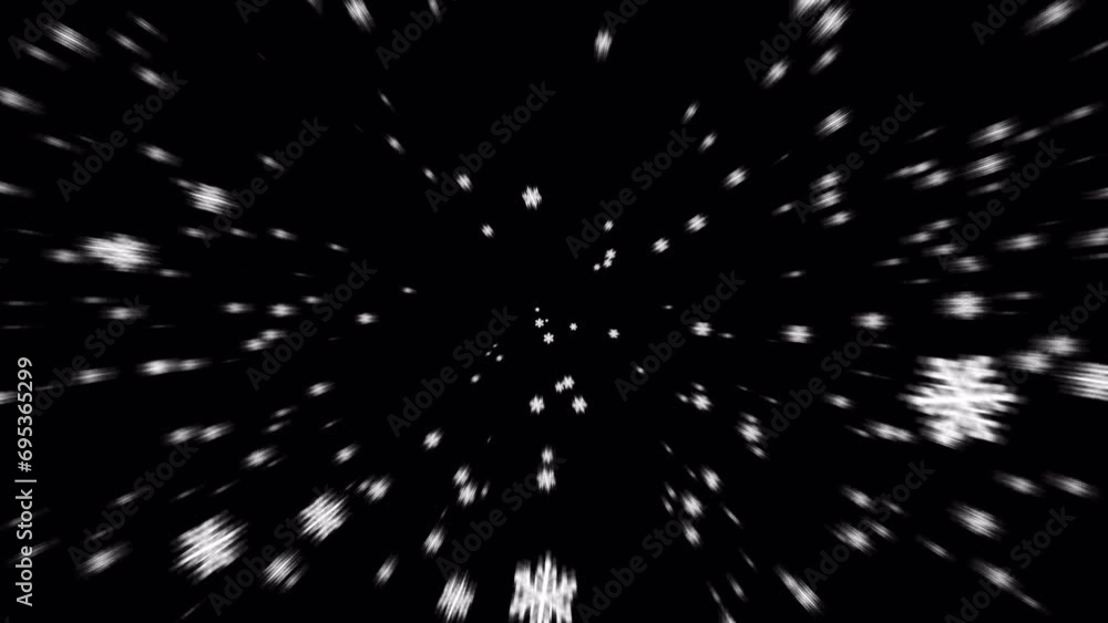 Poster beautiful loop falling moving white star flakes particles radial blurred animation on black abstract