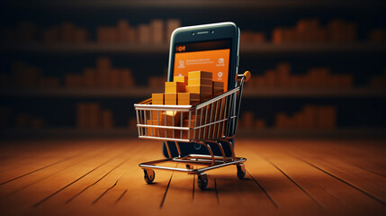 Smart phone with Iron shopping cart for online - obrazy, fototapety, plakaty