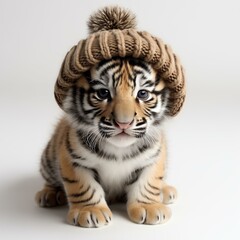 Obraz premium Cute Tiger Cub in a Knit Hat