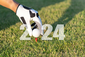 hand Golfer man putting golf ball for Happy New Year 2023 on the green golf for new healthy.