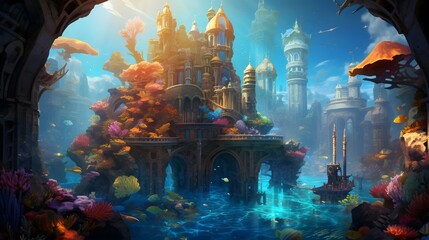 Fantasy underwater world with fishes and fantasy city. 3d illustration