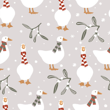 Seamless winter pattern with cute geese in warm scarf. Merry Christmas vector illustration