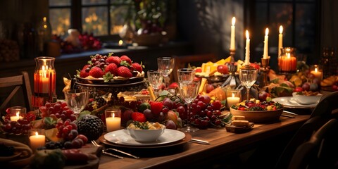 decorated christmas table with fruit and candles, panorama