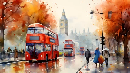 Deurstickers Aquarelschilderij wolkenkrabber  Captivating Watercolor of London, England. Exploring Vibrant Urban Life in Metropolitan Hub, Artistic Rendering of City Street, Cultural Diversity and Energetic Cityscape.