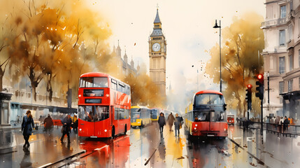 Captivating Watercolor of London, England. Exploring Vibrant Urban Life in Metropolitan Hub, Artistic Rendering of City Street, Cultural Diversity and Energetic Cityscape.