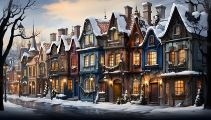 Beautiful winter panorama of snow-covered houses in the city.